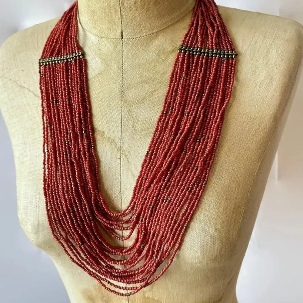 Red Necklace, Bohemian, Glass Beads, Multi Strand, Glass Beads, Vintage Necklace